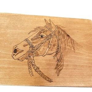 Vintage Hand Crafted Wood Burning Horse Head-Hinged Back-Dove Tail Joinery Box